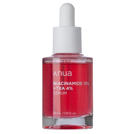 Frasco de suero facial rojo con gotero blanco, etiqueta “Anua Niacinamide 10% + TXA 4%”.